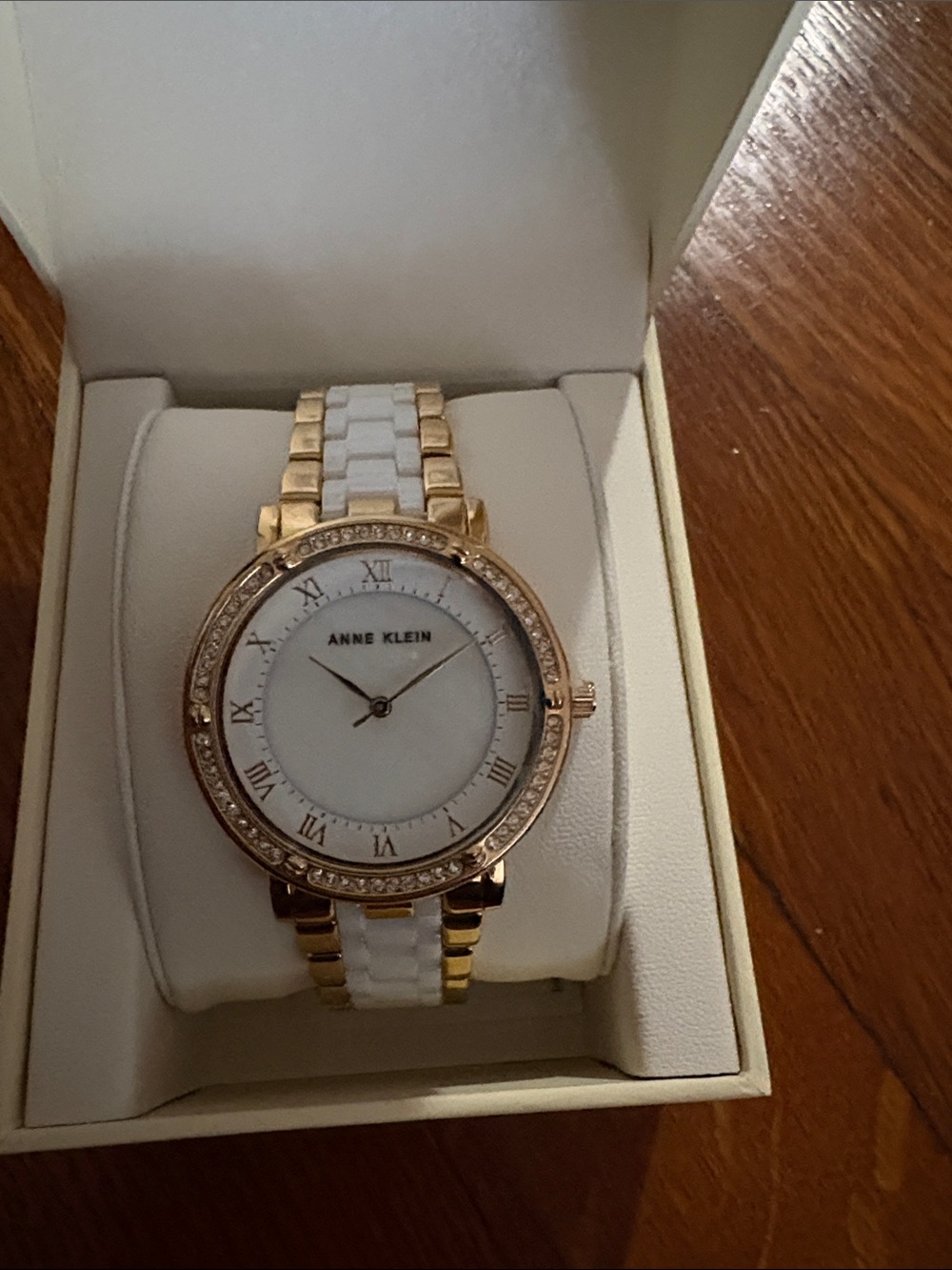 Anne Klein Gold and White Two-Tone Ceramic Link Watch